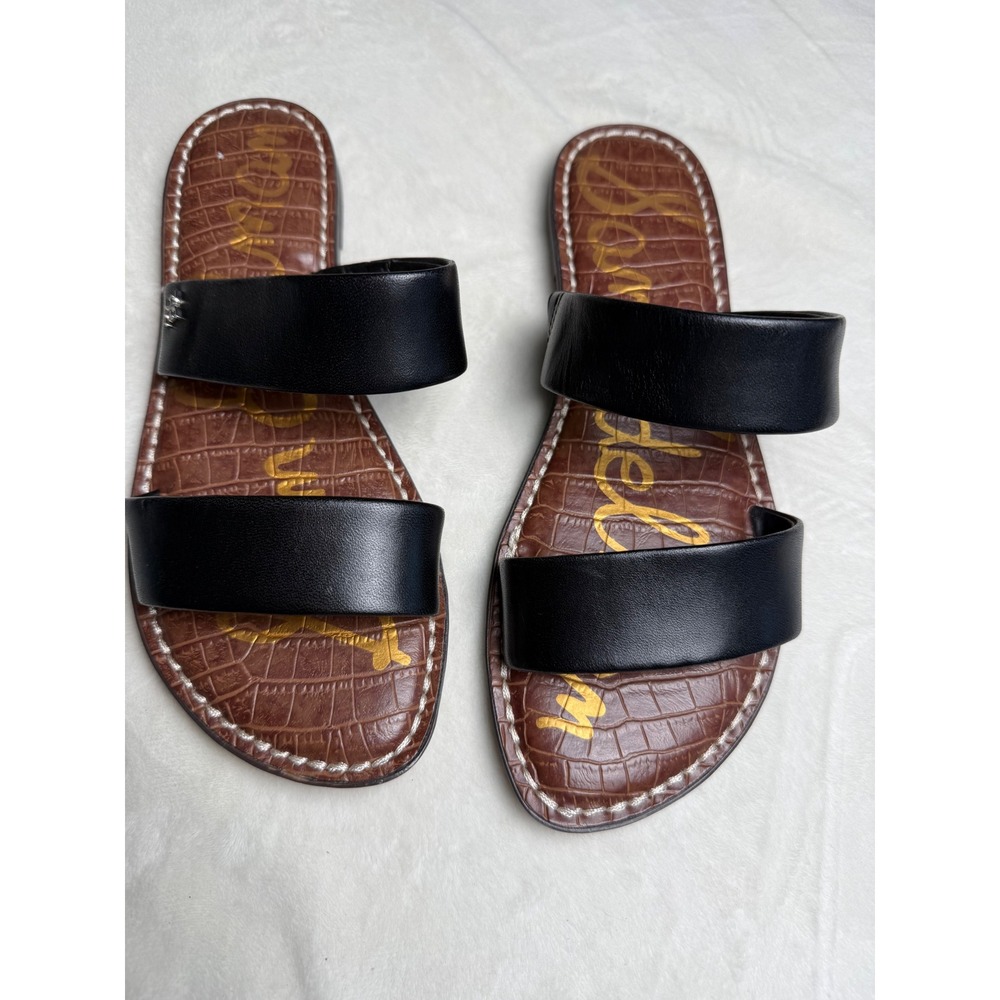 Sam Edelman Gala Black Leather Two Strap Slide Flat Sandals Womens 7M